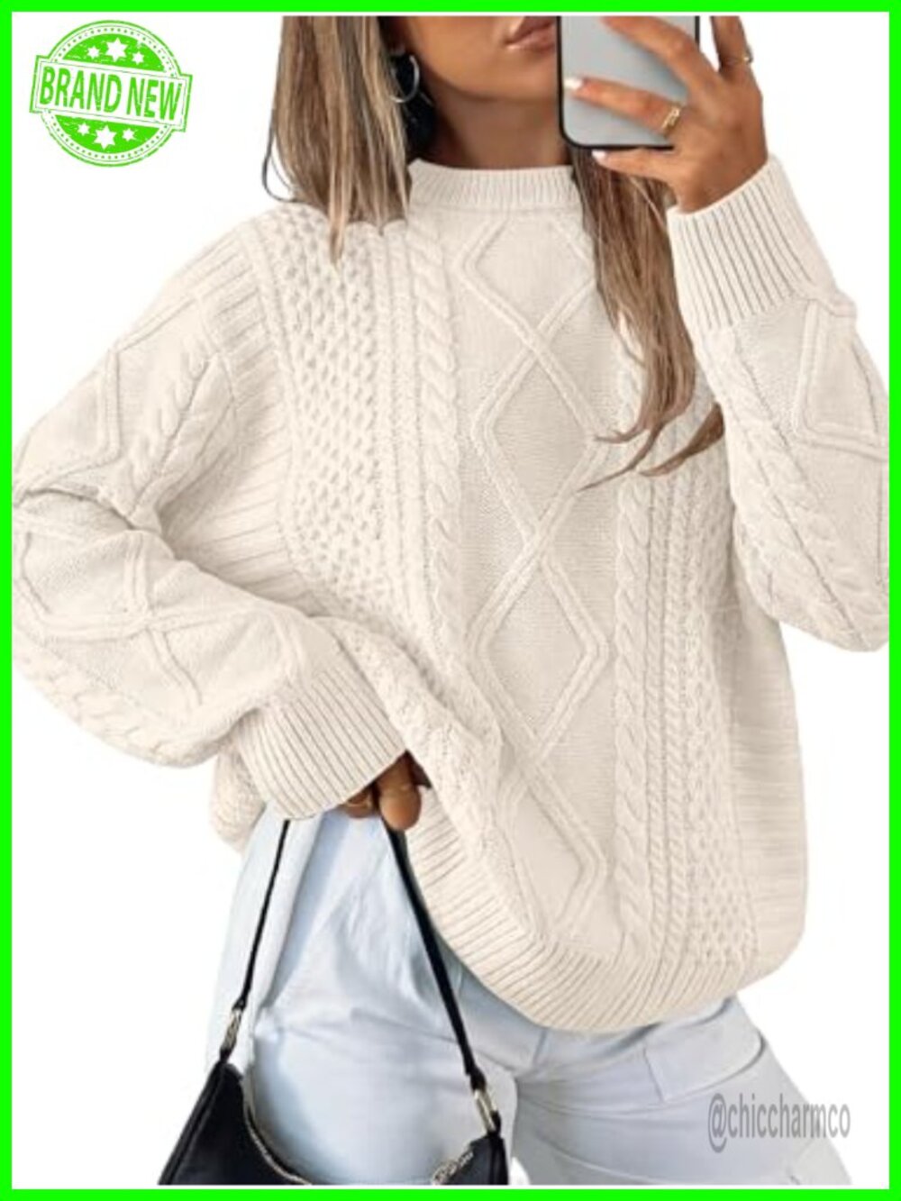 Oversized Cable Knit Pullover Sweater Crewneck Long Sleeve